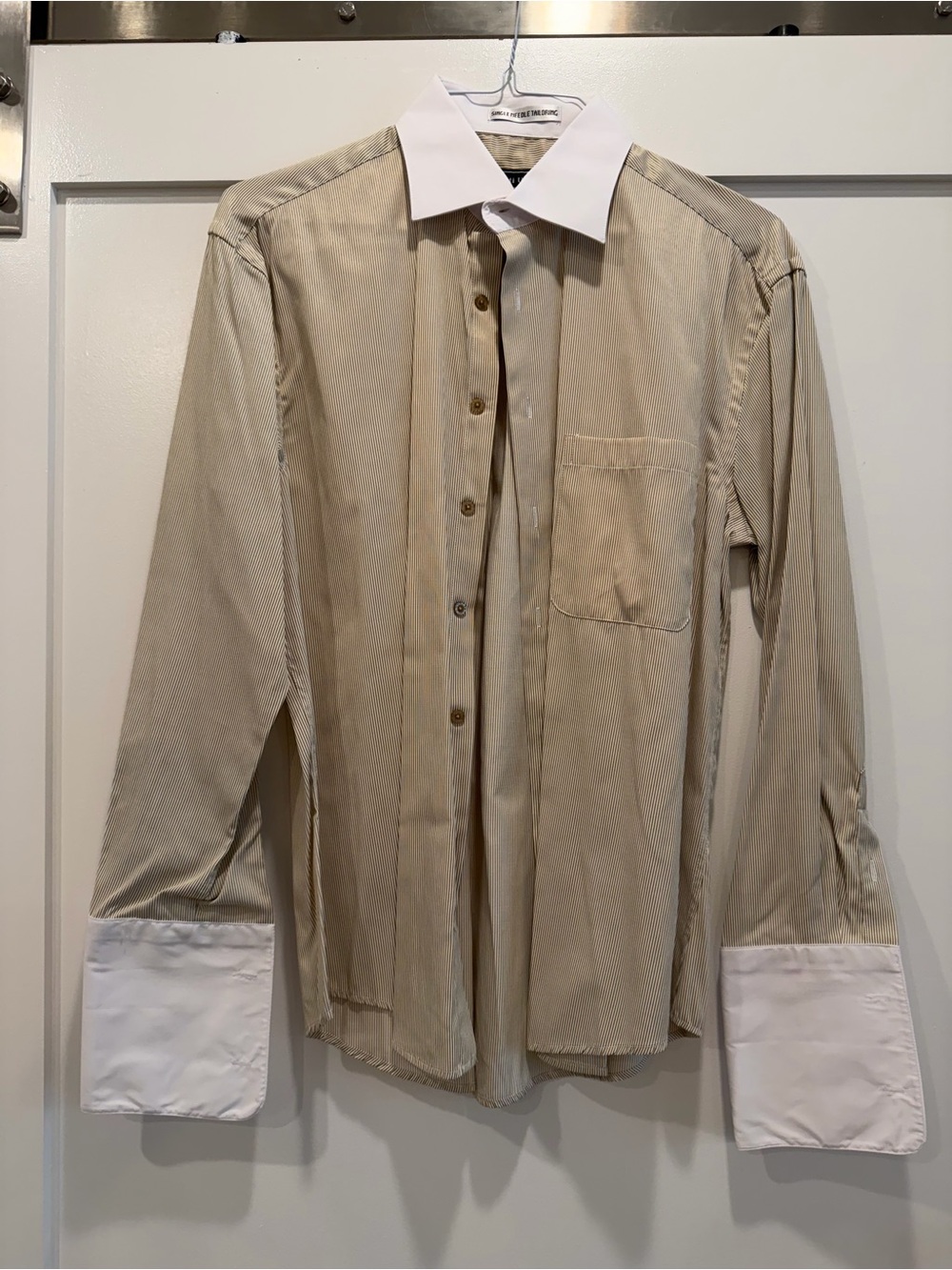 Avanti Uomo Men’s Tan Stripe Dress Shirt Green Contrast Collar Cuffs 16.5 34/35